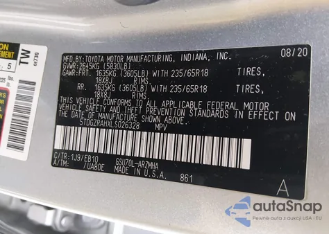 2020 Toyota Highlander Xle из США, поврежденный, VIN 5TDGZRAHXLS026328